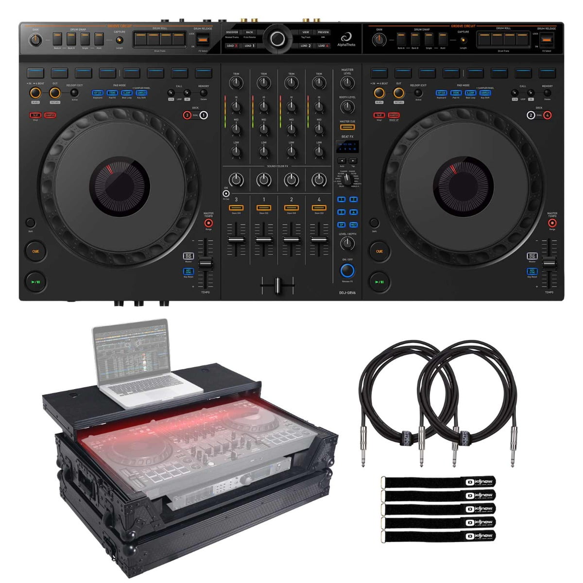 AlphaTheta DDJ-GRV6 4-Channel DJ Controller with Black Road Case Package
