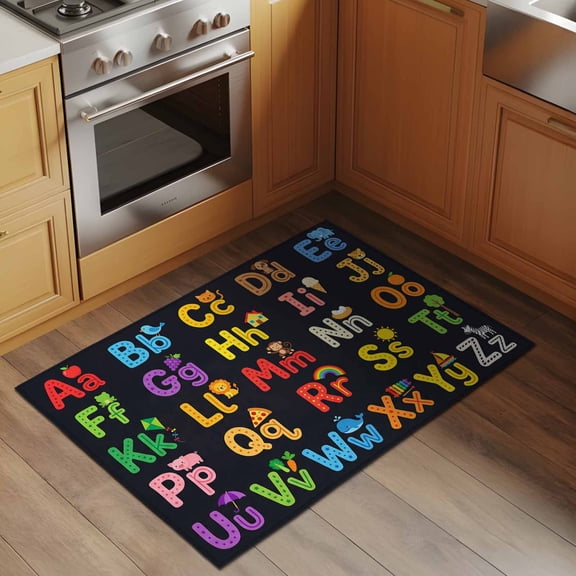 Alphabet 2x3 Rug for Entryway Front Door Kitchen Sink Area, American Cartoon Early Education Alphabet Minimalist Mural Low Pile Washable Non Slip Rectangle Area Rug