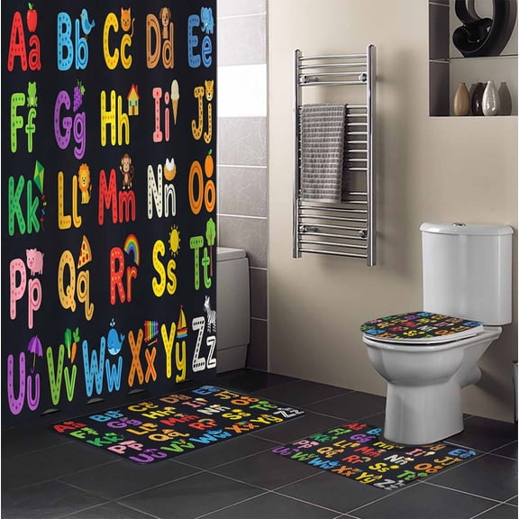 Alphabet 4PCS Shower Curtains Set with Toilet Lid Cover Non-Slip Rugs, American Cartoon Early Education Alphabet Minimalist Mural Waterproof Shower Curtain Set for Bathroom with 9 Hooks 36x72 In
