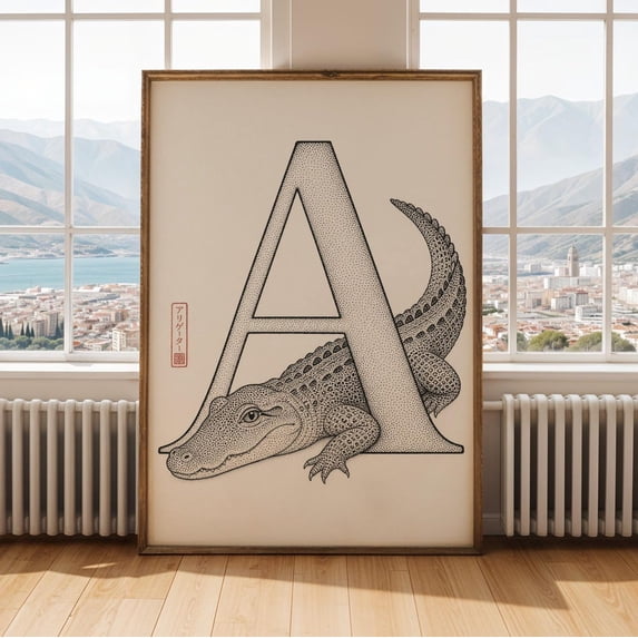 Alphabet A With Dotted Alligator Poster, Modern Dotwork, Black And Off ...