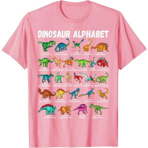 Alphabet A-Z ABC Types Of Dinosaurs Dino Identification Unisex T-Shirt for Men Women Kids,Light Pink Color,Size 4XL