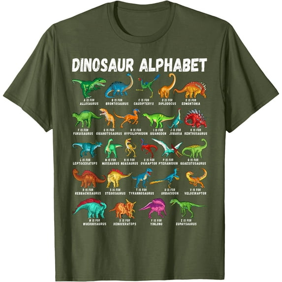 Alphabet A-Z ABC Types Of Dinosaurs Dino Identification Unisex T-Shirt for Men Women Kids,Military Green Color,Size YXS