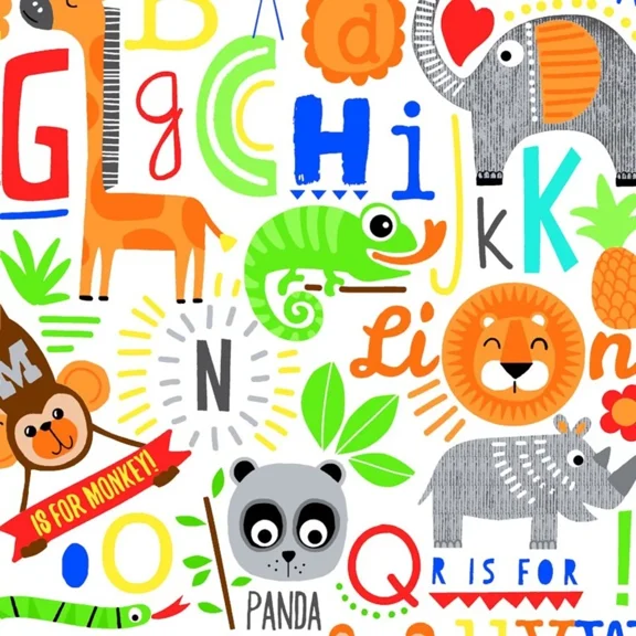 Flannel Alphabet Animals ABCs Learning Kids Children's White AE Nathan Comfy Prints Cotton Flannel Fabric Print by the Yard (0824-39)