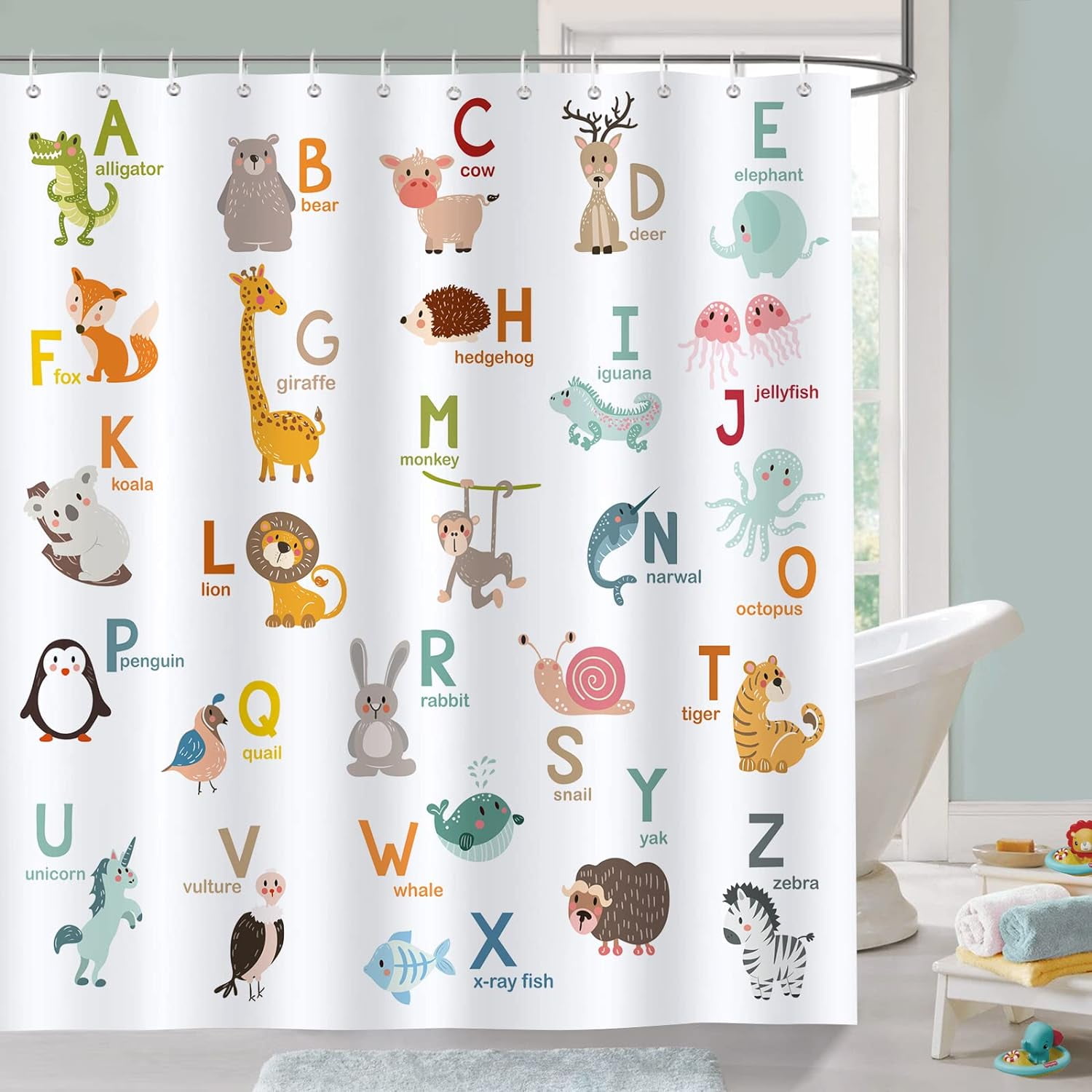 Alphabet ABC Learning Shower Curtain for Kids Bathroom Animals Kids Educational Decorative Bath ...