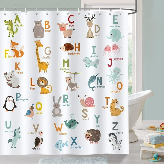 Alphabet ABC Learning Shower Curtain for Kids Bathroom Animals Kids Educational Decorative Bath Curtain 72 x 72 Inch Polyester Fabric Waterproof Bathroom Curtain with 12 Hooks