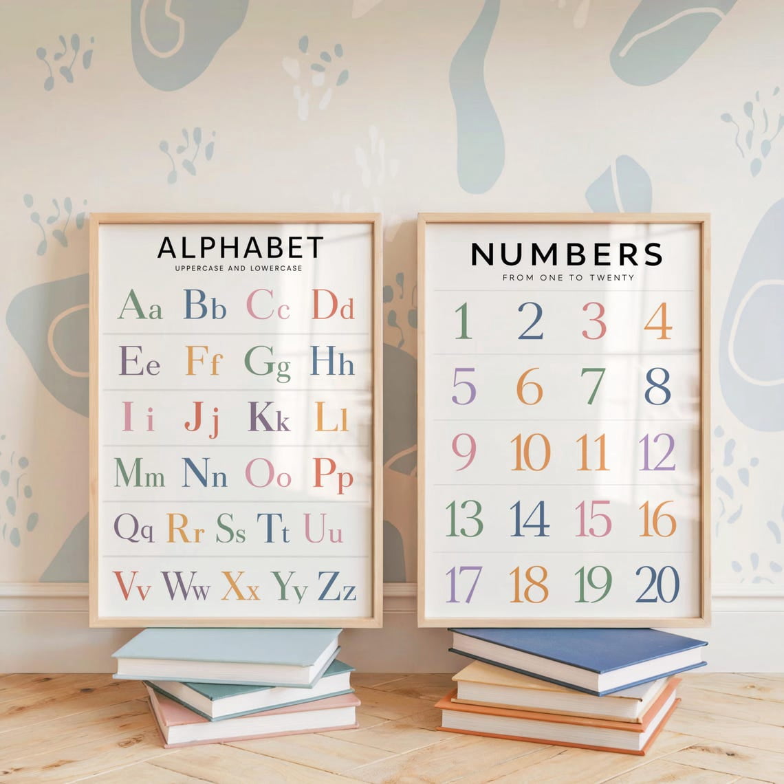 Abc Grid Chart Alphabet And Number Chart Prints Set Of 2, Rainbow Educational Wall Art ...