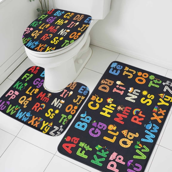 Alphabet Bathroom Rugs Set American Cartoon Early Education Alphabet Minimalist Mural Non Slip Absorbent Soft Bath Mats 3 Piece Set with Bathroom Rug, U-Shaped Floor Mat, Toilet Seat Cover Small Size