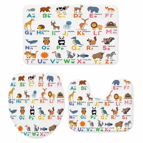 Alphabet Bathroom Rugs Set Cartoon Animal Cute Colorful Alphabet Non Slip Absorbent Soft Bath Mats 3 Piece Set with Bathroom Rug, U-Shaped Floor Mat, Toilet Seat Cover Small Size