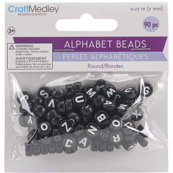 Craft Medley Alphabet Beads - Black with White Letters, Package of 90