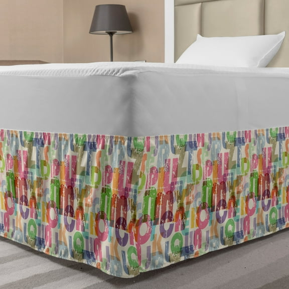 Alphabet Bed Skirt, Modern Design of Big Energetic ABC Silhouettes in a Grungy Theme, Elastic Bedskirt Dust Ruffle Wrap Around for Bedding Decor, 4 Sizes, Eggshell and Multicolor, by Ambesonne