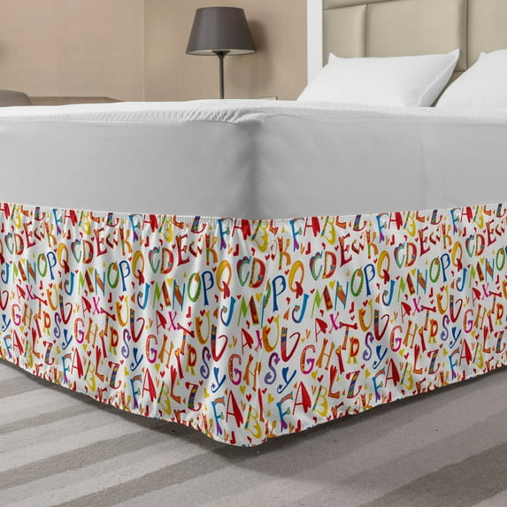 Alphabet Bed Skirt, Pattern of Funky Vibrant Layout with Whimsical Lettering in Cartoon Style, Elastic Bedskirt Dust Ruffle Wrap Around for Bedding Decor, 4 Sizes, Multicolor, by Ambesonne