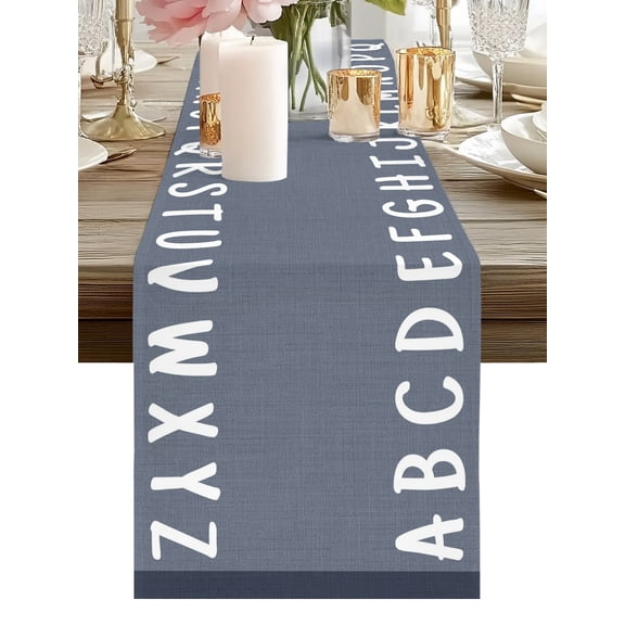 Alphabet Border Table Runners 36 Inches Long Modern A-Z Bold Typography Gray Kitchen Dining Table Runner Dresser Scarves for Party Coffee Holiday Party Decor