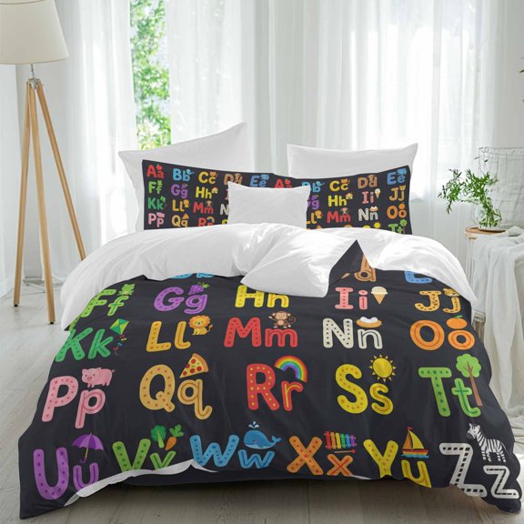 Alphabet Comforter Set Queen Size, American Cartoon Early Education Alphabet Minimalist Mural Soft Bedding Set for Man Woman, 4 Pieces Duvet Cover Set with Fitted Sheet, 2 Pillowcases