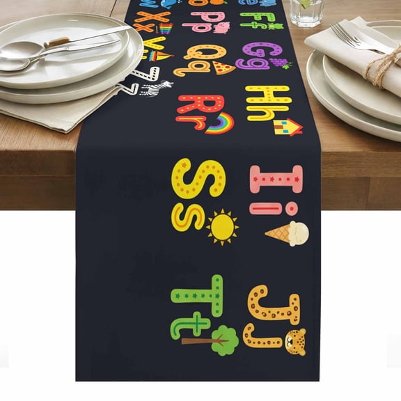 Alphabet Cotton Linen Table Runner American Cartoon Early Education Alphabet Minimalist Mural Dining Table Runners for Home Decor Party Dining Room Restaurant Kitchen Party 13" x 108"