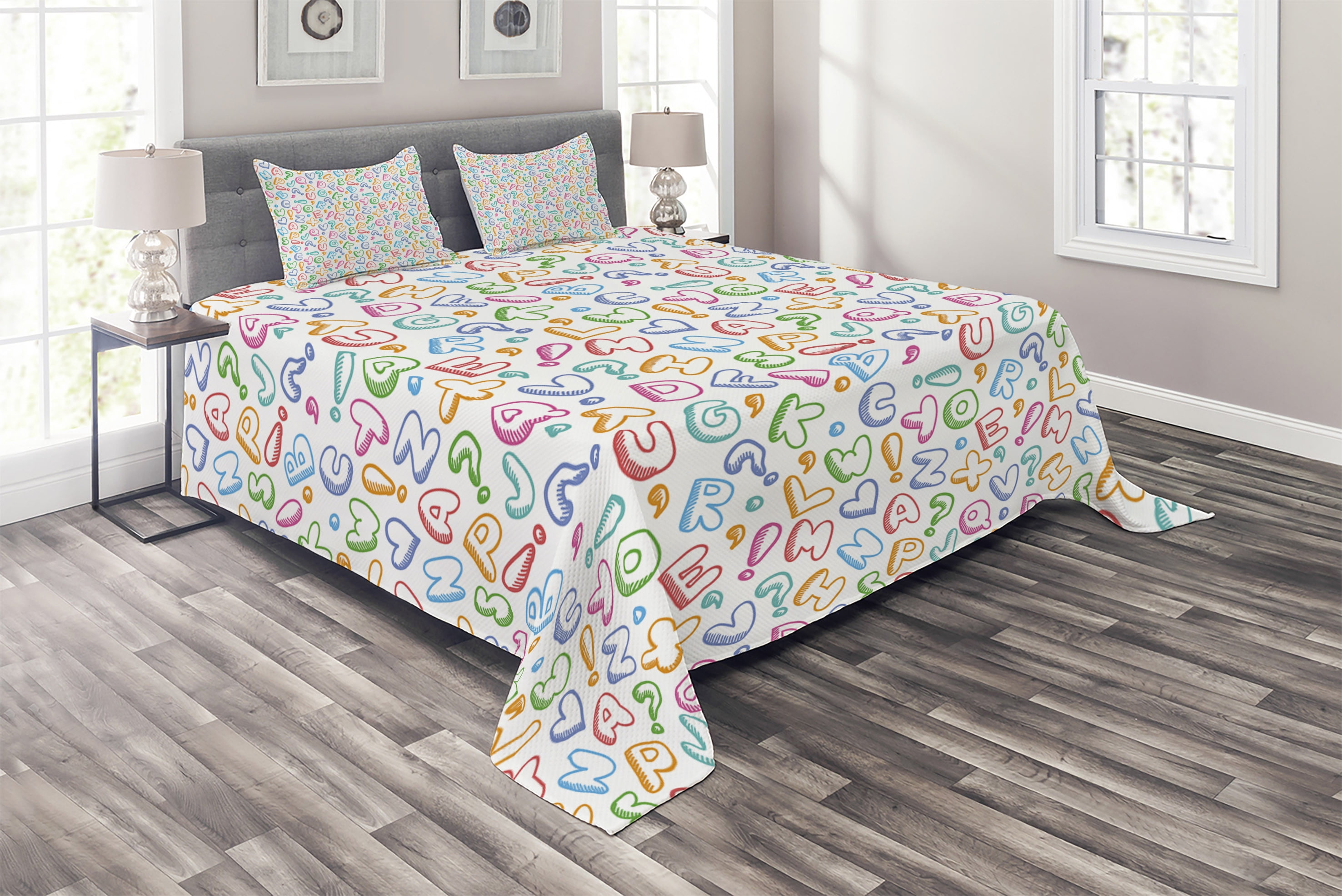 Alphabet Coverlet, Letters in Fun Colors Scribble Style ABC Hearts