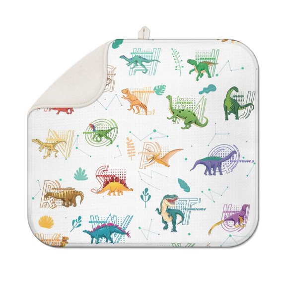 Alphabet Dinosaur Names Chart Pattern Dish Drying Mat for Kitchen 1 Pack, Ultra Absorbent Microfiber Dishes Drainer Mats,16"x18"