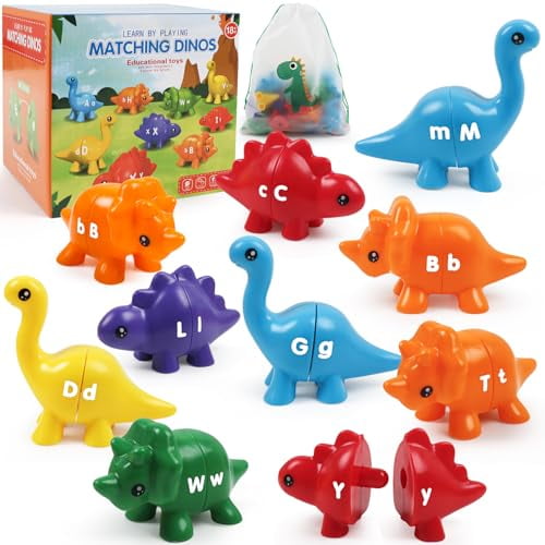Alphabet Dinosaurs Matching Letters Toy,26 PCS Double-Sided ABC Dinosaur with Uppercase Lowercase,Match and Snap Fine Motor Game Preschool Learning Toys Gifts for Kids Back to School Goodies