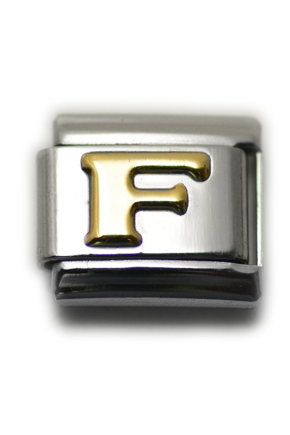 Alphabet F Letter Initial 9mm Italian Charm Link Gold Silver Stainless Steel