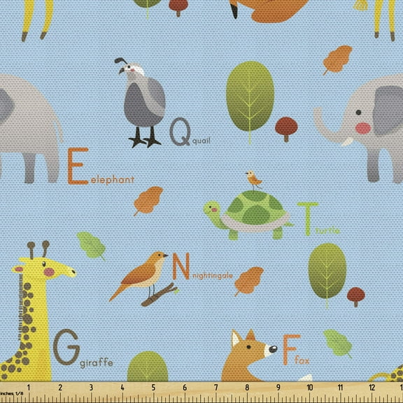 Ambesonne Alphabet Fabric by the Yard Upholstery, Animals with Letters, 1 Yard, Pale Sky Blue Multicolor