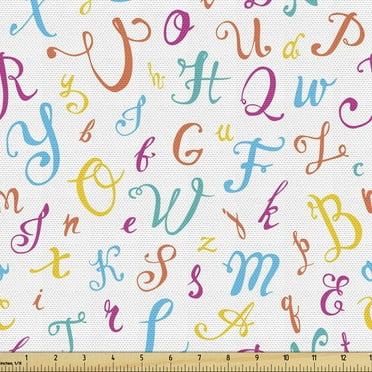 Alphabet Fabric by the Yard Upholstery, Repetitive Formation of Handwritten Calligraphic Motifs Educational Composition, Decorative Fabric for DIY and Home Accents, 5 Yards, Multicolor by Ambesonne