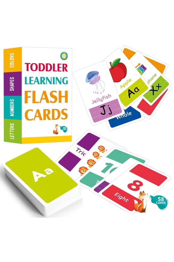 Alphabet Flash Cards for Toddlers 2-4 Years - Learn Colors Number Shapes Animals ABC Letters & Sight Words - Learning Toy Educational Preschool Toddler Flashcards - 58 Picture Cards