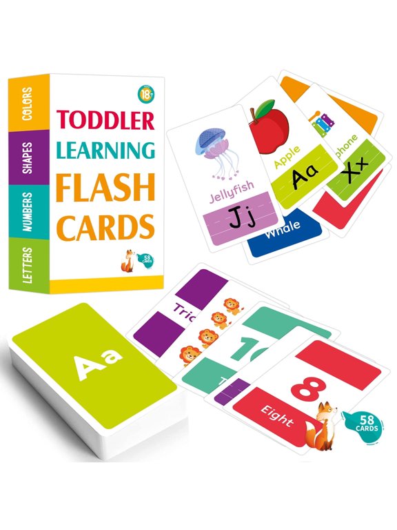 Alphabet Flash Cards for Toddlers 2-4 Years - Learn Colors Number Shapes Animals ABC Letters & Sight Words - Learning Toy Educational Preschool Toddler Flashcards - 58 Picture Cards