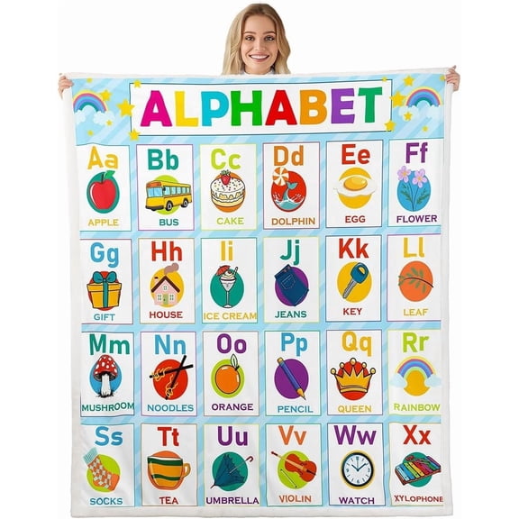 Alphabet Fleece Throw ABC Alphabet Plush Kids Toddler Learning Time Sherpa Educational Learning Fuzzy Throw 60" x 80"