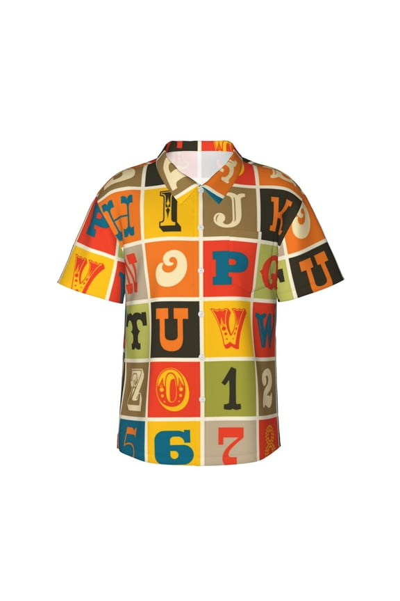 Alphabet Hawaiian Shirts For Men, Summer Short-Sleeve Relaxed-Fit Button-Down Shirts Small
