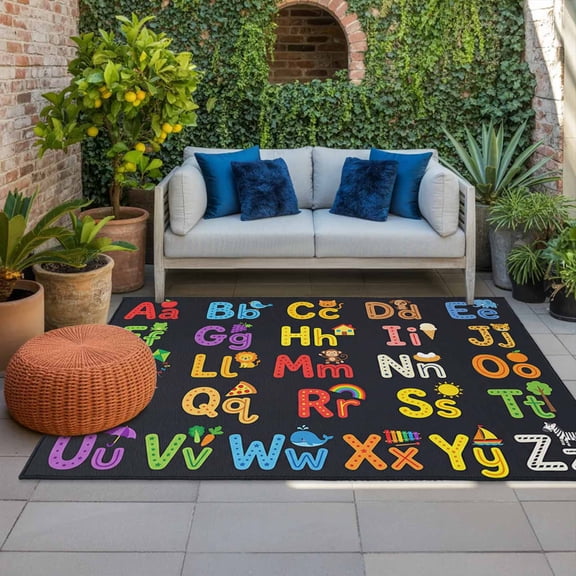 Alphabet Indoor Outdoor Rugs 4x6 Ft, American Cartoon Early Education Alphabet Minimalist Mural Outdoor Patio Rugs Mat Washable Outside Area Rugs Carpet for Porch Deck RV Camping Pool Balcony