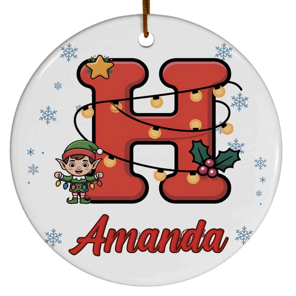 Alphabet Initial Letter Ceramic Ornament, Christmas Keepsake New Year Ornament - Christmas Tree Decoration, Xmas Gifts for Families, Neighbors, Colleagues, Light String Style (H)