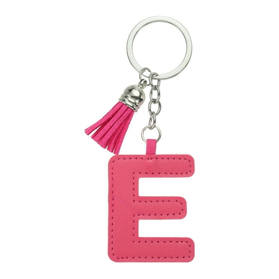 Alphabet Initial Letter Keychain, Cute Leather Keychains with Tassel Letter E Pendant Charm, Rose Red