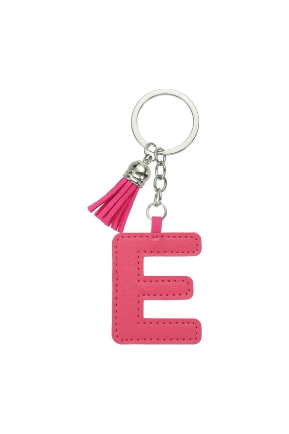 Alphabet Initial Letter Keychain, Cute Leather Keychains with Tassel Letter E Pendant Charm, Rose Red