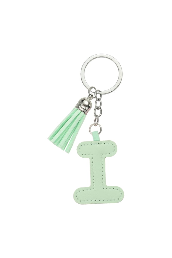 Alphabet Initial Letter Keychain, Cute Leather Keychains with Tassel Letter I Pendant Charm, Light Green