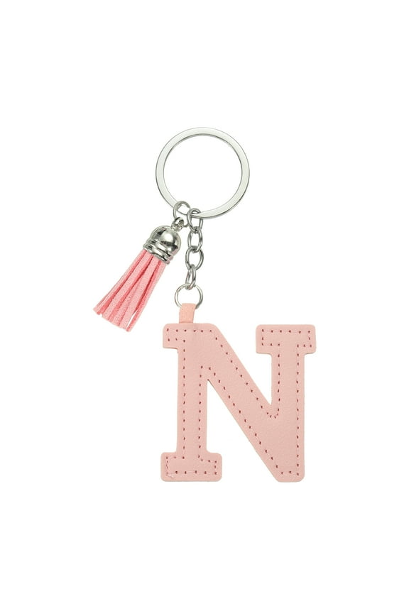 Alphabet Initial Letter Keychain, Cute Leather Keychains with Tassel Letter N Pendant Charm, Pink