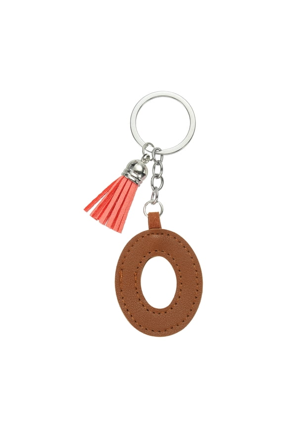 Alphabet Initial Letter Keychain, Cute Leather Keychains with Tassel Letter O Pendant Charm, Brown