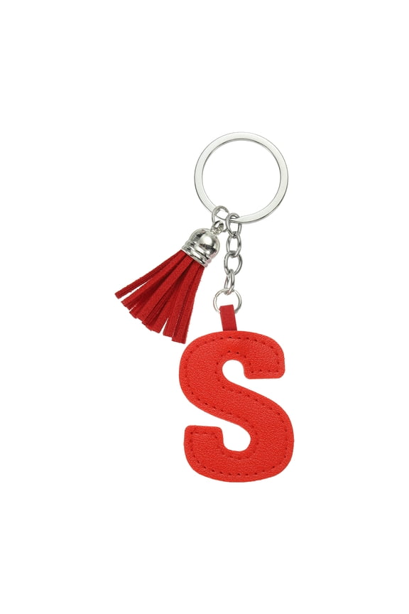 Alphabet Initial Letter Keychain, Cute Leather Keychains with Tassel Letter S Pendant Charm, Red