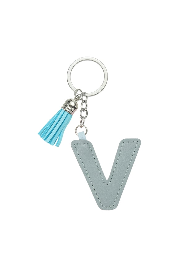 Alphabet Initial Letter Keychain, Cute Leather Keychains with Tassel Letter V Pendant Charm, Light Blue