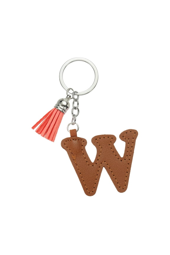 Alphabet Initial Letter Keychain, Cute Leather Keychains with Tassel Letter W Pendant Charm, Brown