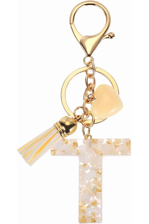 Alphabet Initial Letter Keychain, Resin Cute Keychains with Tassel Heart Letter T Pendant Charm for Women Key Purse Handbag Backpack Bag Accessories, Beige