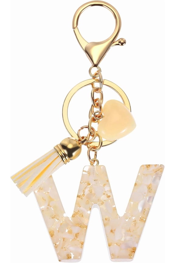 Alphabet Initial Letter Keychain, Resin Cute Keychains with Tassel Heart Letter W Pendant Charm for Women Key Purse Handbag Backpack Bag Accessories, Beige