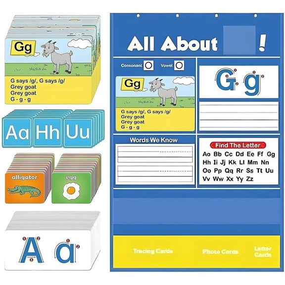 Alphabet Learning Pocket Chart with 182 Cards Interactive ABC Wall Chart for Preschool & Kindergarten Letter Recognition, Circle Time Homeschool Classroom Must-Have