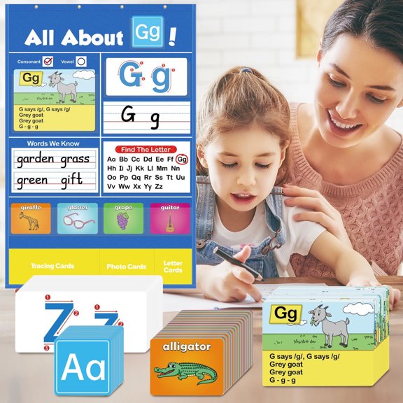 Alphabet Learning Pocket Chart 23" x 15.7" - ABC Flash Cards Wall Chart with Letter Tracing Games, Circle Time Educational Tool for Preschool Classroom Homeschool Toddler Learning
