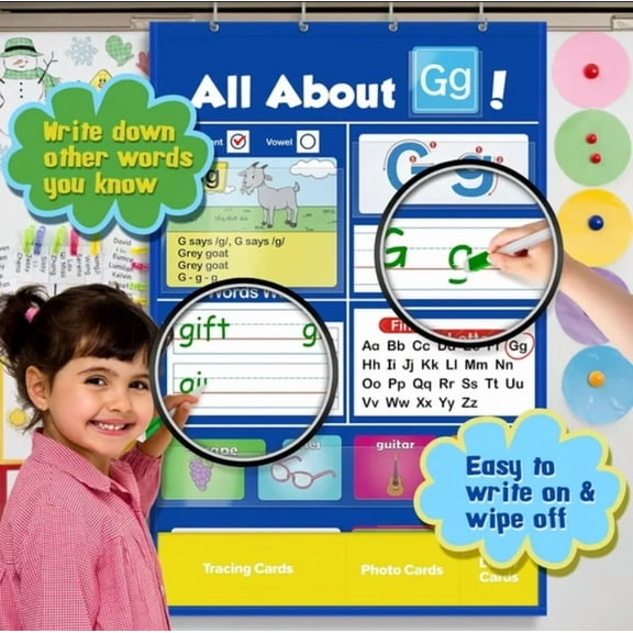 Alphabet Learning Pocket Chart - ABC Flash Cards Wall Chart 23x15.7", Interactive Handwriting Practice, Letter Tracing Games, Circle Time Preschool Classroom Homeschool Supplies