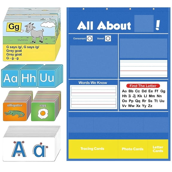 Alphabet Learning Pocket Chart, Abc Cards for Wall, Handwriting Letter Tracing Games, Homeschool Kindergarten Preschool Learning Activities, Classroom Must Haves with 104 Cards & Dry Erase Design