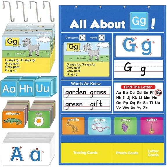 Alphabet Learning Pocket Chart, Classroom Wall Chart Early Letter Recognition/Early Literacy/Nteractive Assisted Education, Family School, Preschool, Kindergarten, 182 Cards