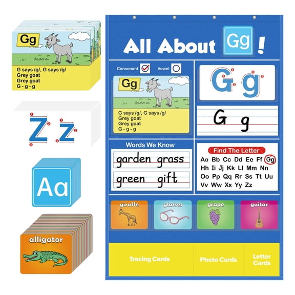 Alphabet Learning Pocket Chart Early Education Teaching Aid with Tracing Cards Photo Cards and Letter Cards for Classroom or Home Use