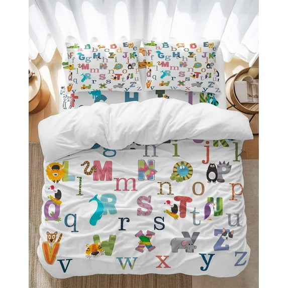 Alphabet Letter Bedding Duvet Cover Set Full Size 4 Pieces Colorful Cartoon Animals ABCD Letter Bedding Set with Zipper Closure, 1 Comforter Cover 86x86 Inches 1 Flat Sheet & 2 Pillow Cases