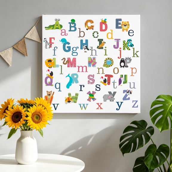 Alphabet Letter Canvas Wall Art, Colorful Cartoon Animals ABCD Letter Framed Canvas Wall Decor Picture Print Artwork Decorations for Living Room Office Ready to Hang 8" x 8"
