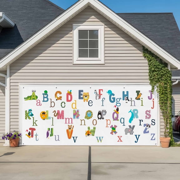 Alphabet Letter Garage Door Banner Covers, Colorful Cartoon Animals ABCD Letter Large Hanging Indoor/Outdoor Backdrop Background for Christmas Winter Party Decor, 6.9x16ft