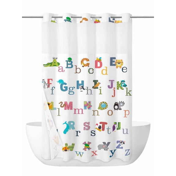 Alphabet Letter No Hook Shower Curtain and Liner Set Colorful Cartoon Animals ABCD Letter Shower Curtains with Snap-in Liner & See Through Top Window Hotel Style for Bathroom Decor 36x72 Inch